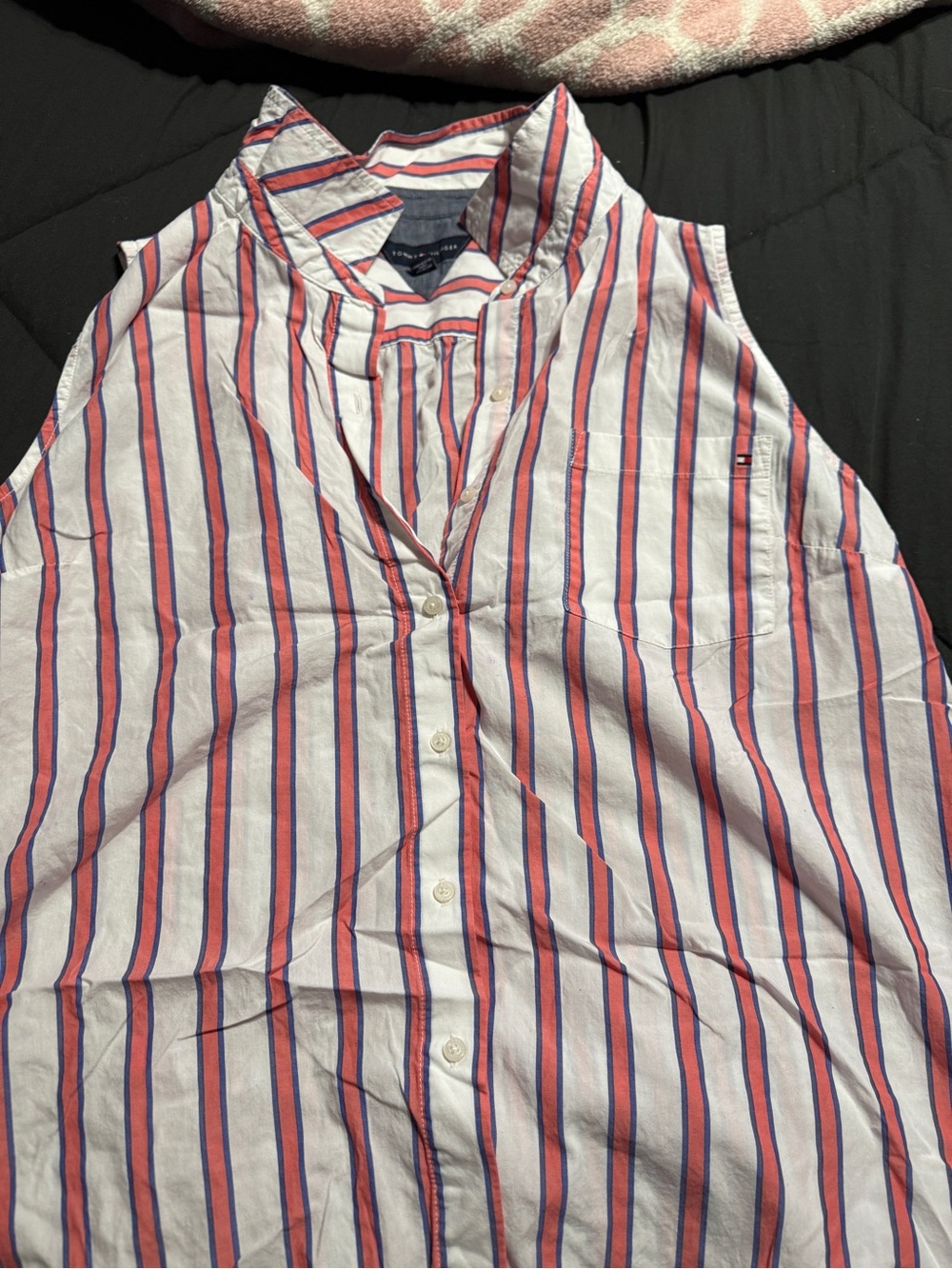 Tommy Hilfiger Sleeveless Button-Up Shirt in White, Red & Blue Stripe